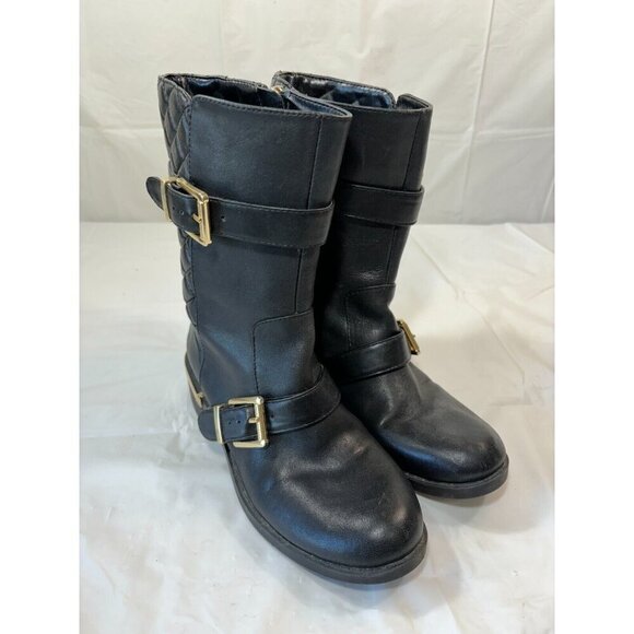 VINCE CAMUTO WILAMENA QUILTED BLACK LEATHER GOLD BUCKLES BIKER BOOTS Size 5.5 M - Picture 1 of 13